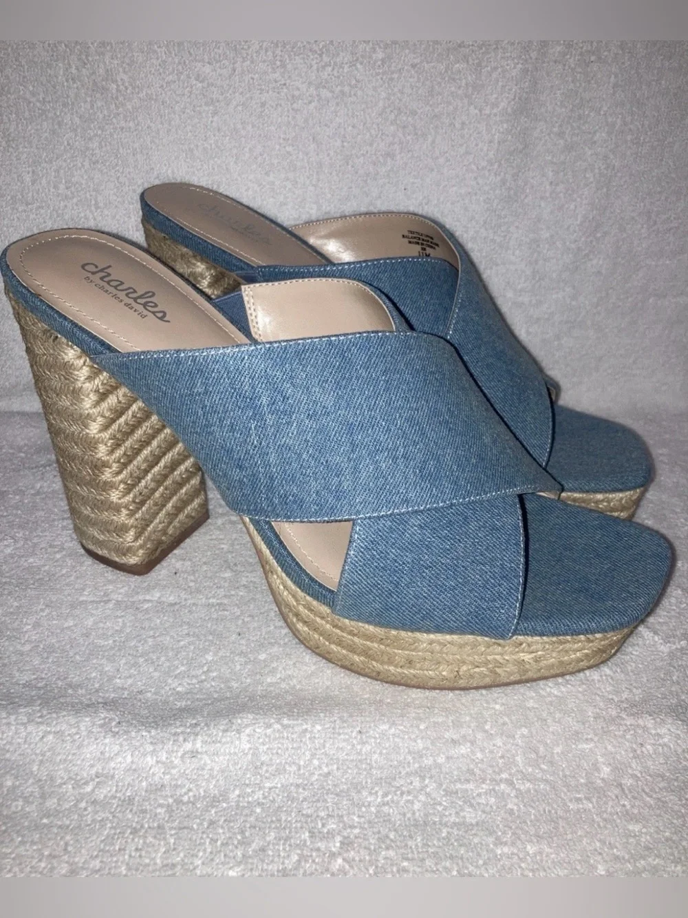 Charles By Charles David Denim Platform Espadrille Heeled Sandals Slides Sz 11 M